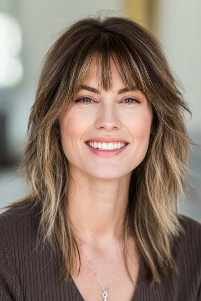 Best Fall 2025 Hair Color Trends for Women 40+ Layered Shag with Lived-In Brunette