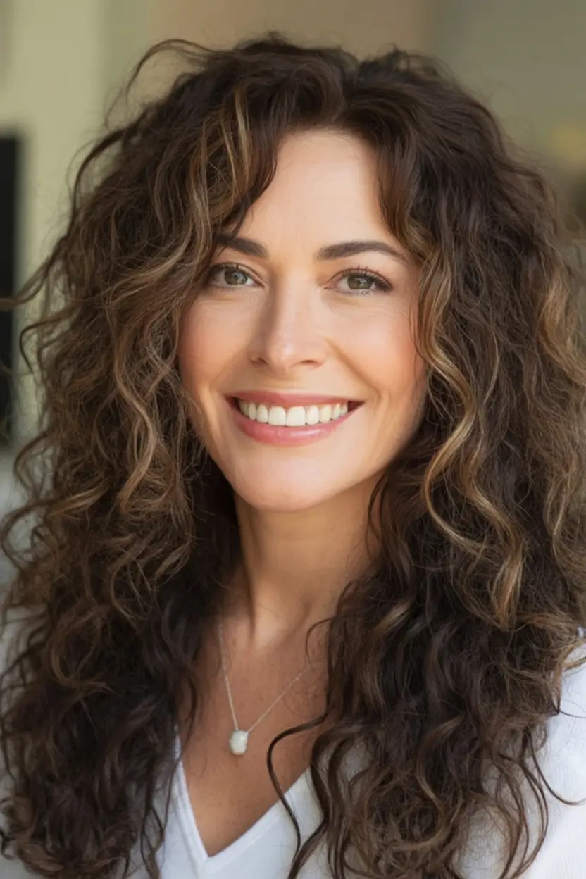 Best Fall 2025 Hair Color Trends for Women 40+ Voluminous Curls with Honeyed Chestnut Highlights
