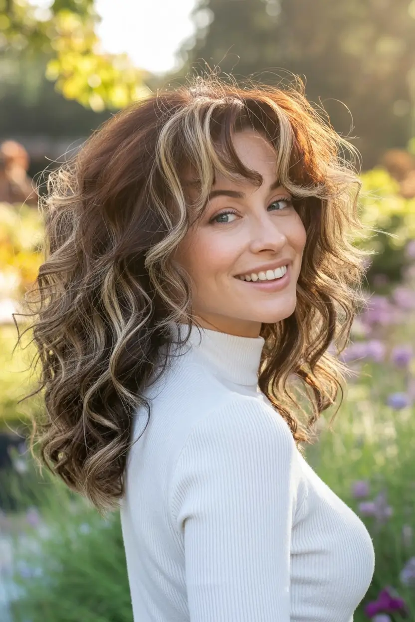 Best Fall 2025 Hair Color Trends for Women 40+ Chestnut Ringlets with Golden Front Highlights