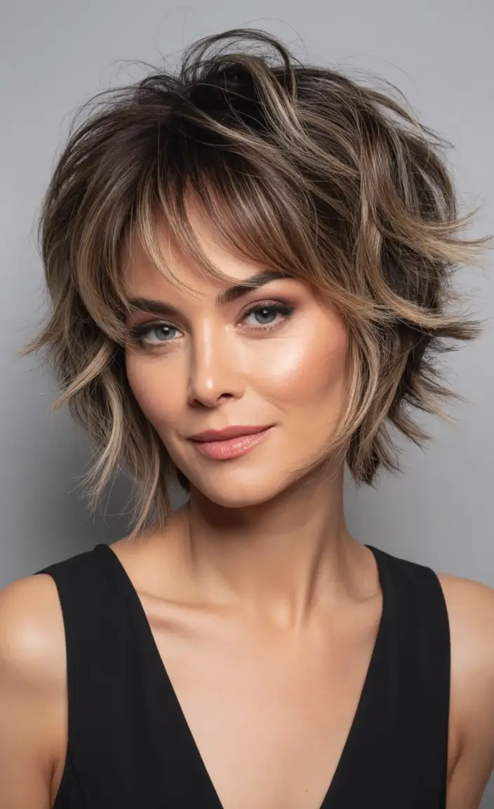 Best Fall 2025 Hair Color Trends for Women 40+ Textured Brunette Shag with Wispy Fringe