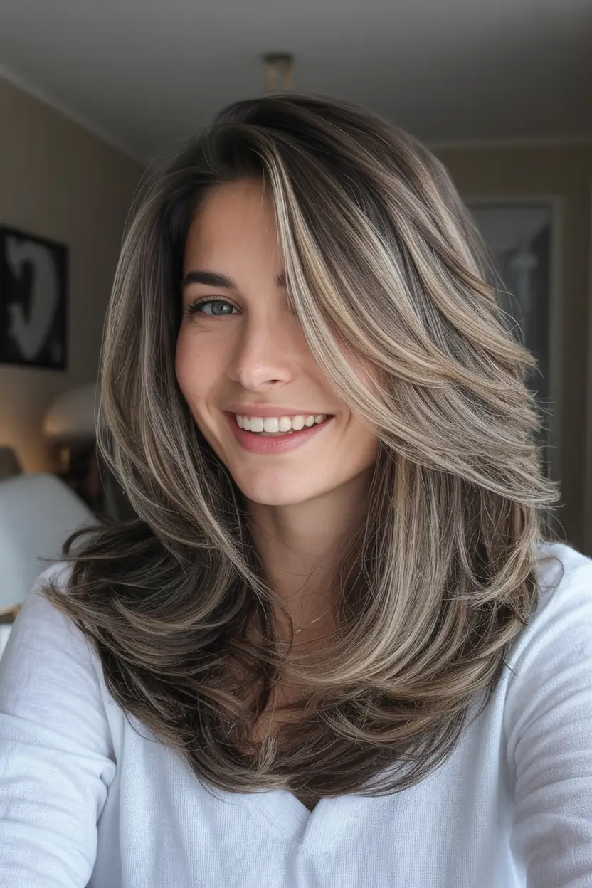 Best Fall 2025 Hair Color Trends for Women 40+ Cool-Toned Brunette with Voluminous Blowout