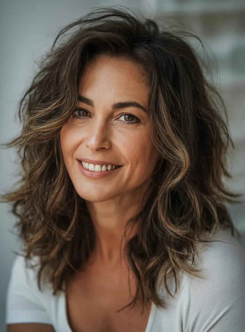 Best Fall 2025 Hair Color Trends for Women 40+ Chestnut Waves with Golden Flicks