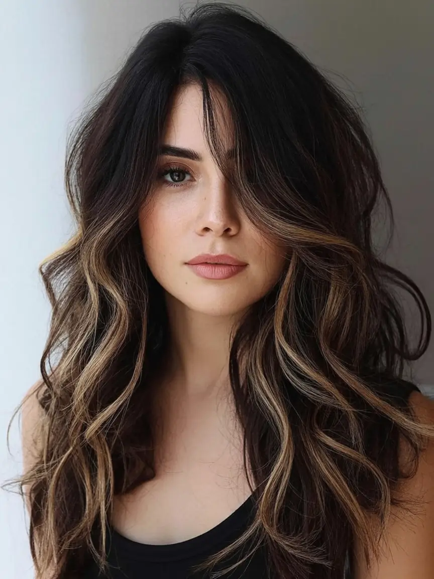 Best Fall Brown Hair Colors to Try in 2025 Layered Brown Waves with Honey Highlights