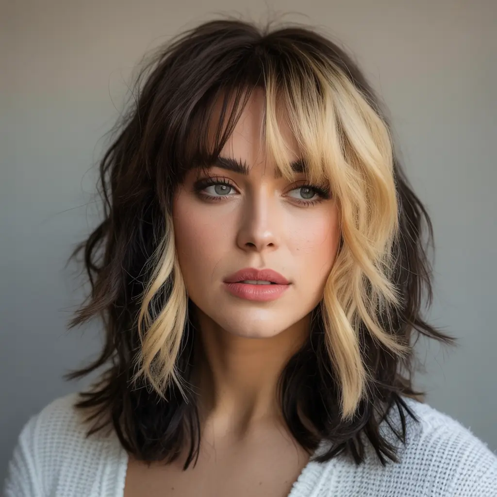 Best Fall Brown Hair Colors to Try in 2025 Chunky Blonde Money Piece on Textured Shag