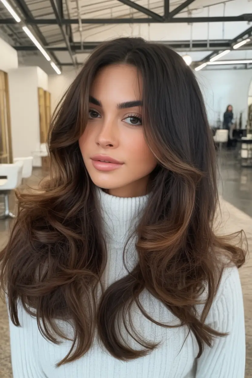 Best Fall Brown Hair Colors to Try in 2025 Feathered Layers with Dimensional Espresso Waves