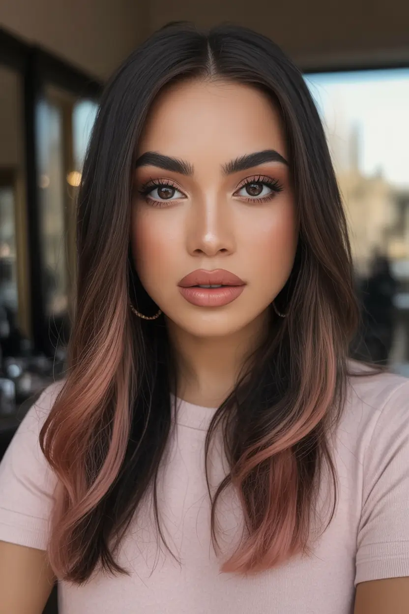 Best Fall Brown Hair Colors to Try in 2025 Soft Dusty Pink Tips on Sleek Brunettes