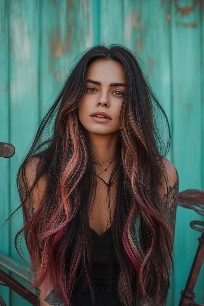 Best Fall Brown Hair Colors to Try in 2025 Chestnut Base with Multi-Toned Rose and Teal Highlights