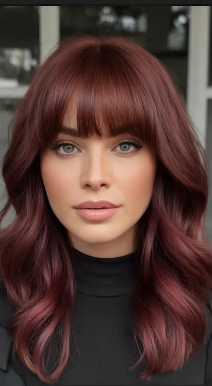 Best Fall Hair Colors for Warm Skin Tones 2025 Burgundy Plum Layers with Bangs