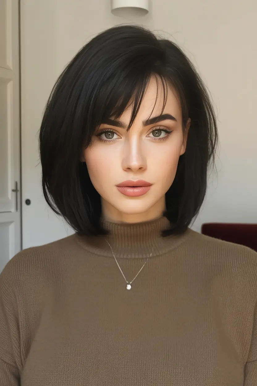 Best Fall Hair Colors for Warm Skin Tones 2025 Glossy Black Lob with Clean Bangs