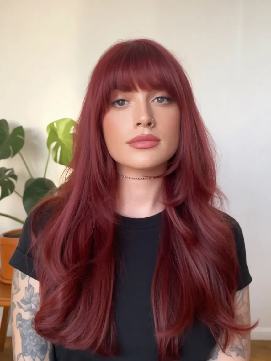 Best Fall Hair Colors for Warm Skin Tones 2025 Soft Mulberry Fringe with Long Layers