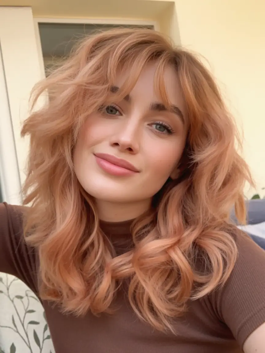 Best Fall Hair Colors for Warm Skin Tones 2025 Soft Peach Waves With Choppy Bangs