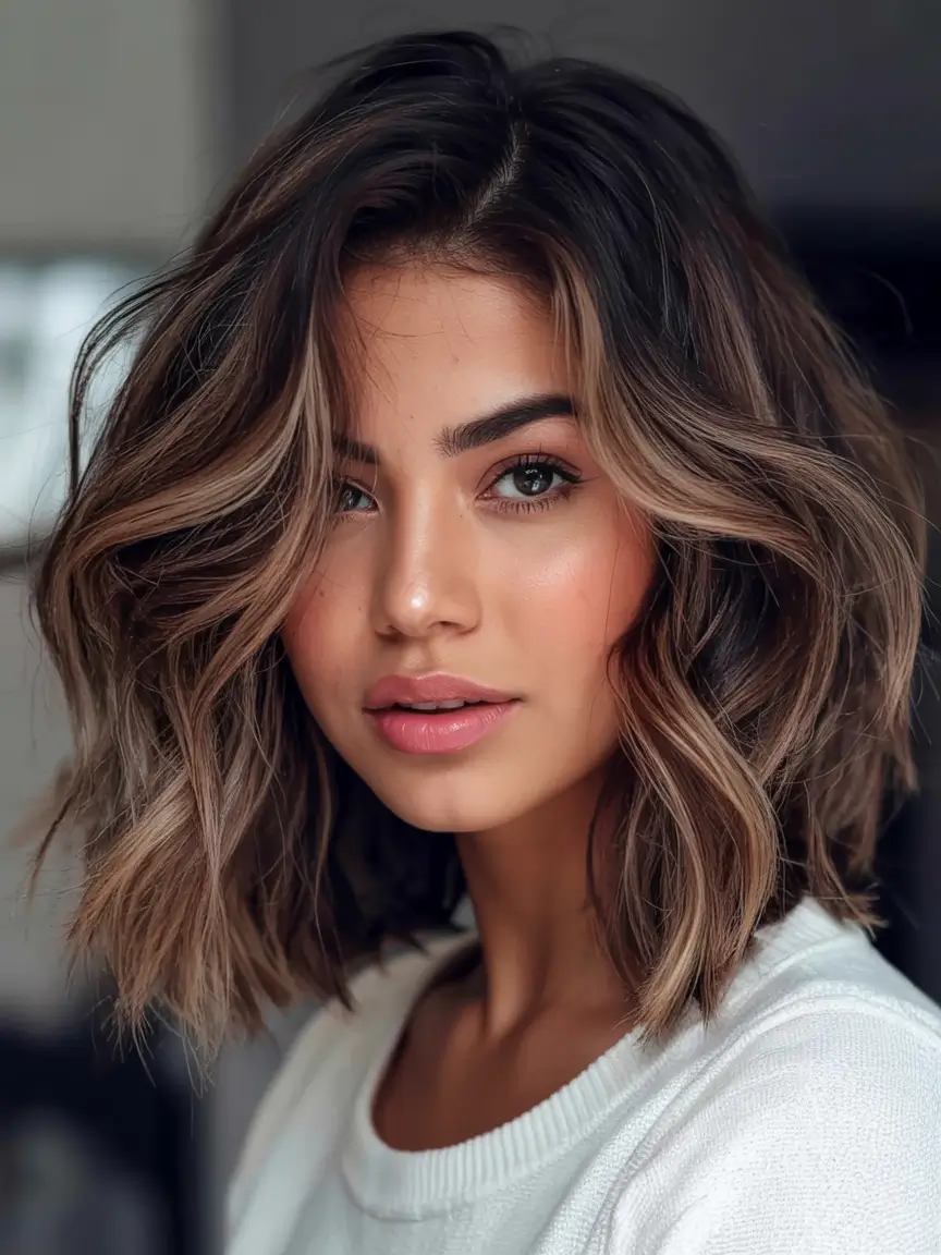 Best Fall Hair Colors for Warm Skin Tones 2025 Mocha Balayage Bob With Lived-In Texture