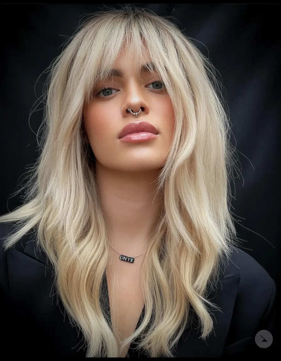 Blonde Hair Color Ideas for Fall 2025 Textured Platinum Layers with Wispy Bangs