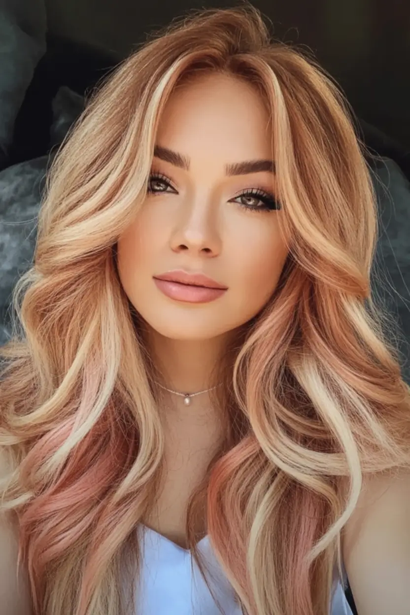 Blonde Hair Color Ideas for Fall 2025 Peachy Caramel Blend with Sculpted Waves