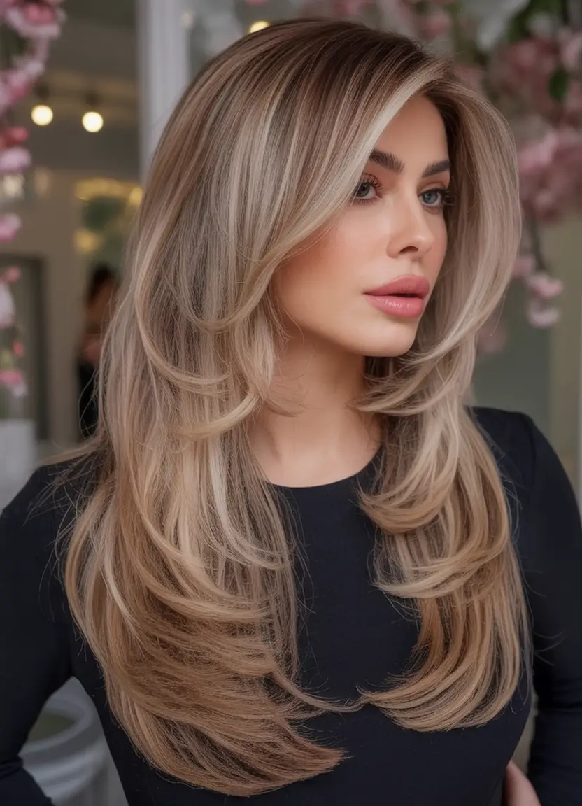 Blonde Hair Color Ideas for Fall 2025 Layered Vanilla Blonde with Caramel Balayage