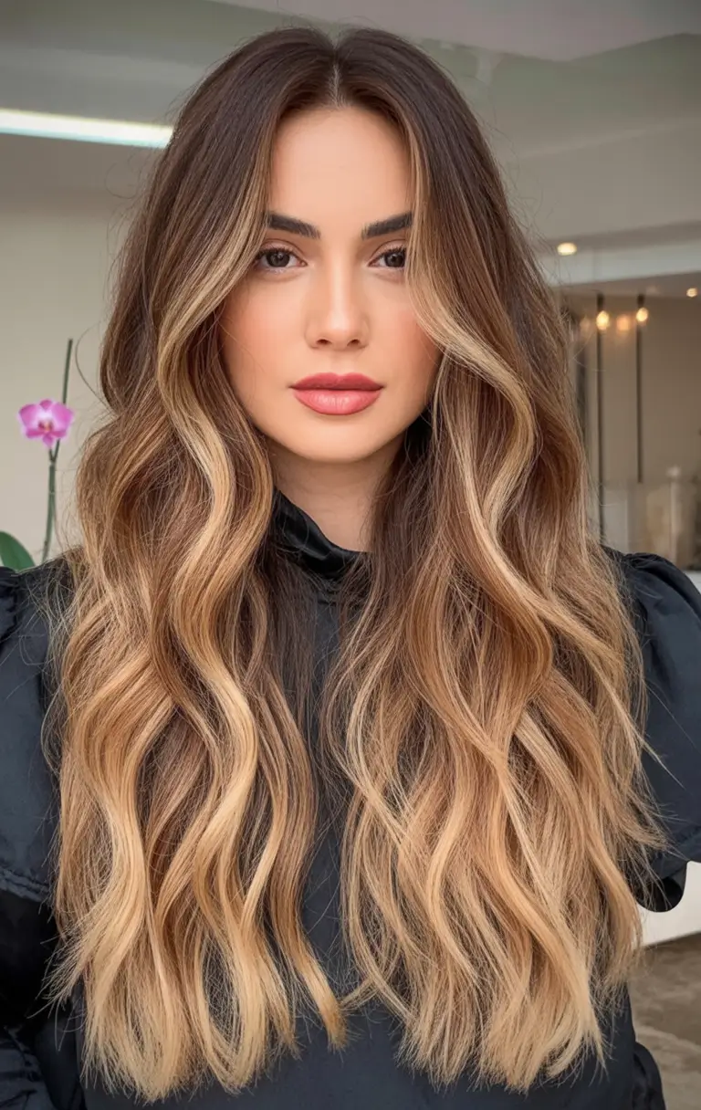 Blonde Hair Color Ideas for Fall 2025 Golden Brunette Balayage with Waves