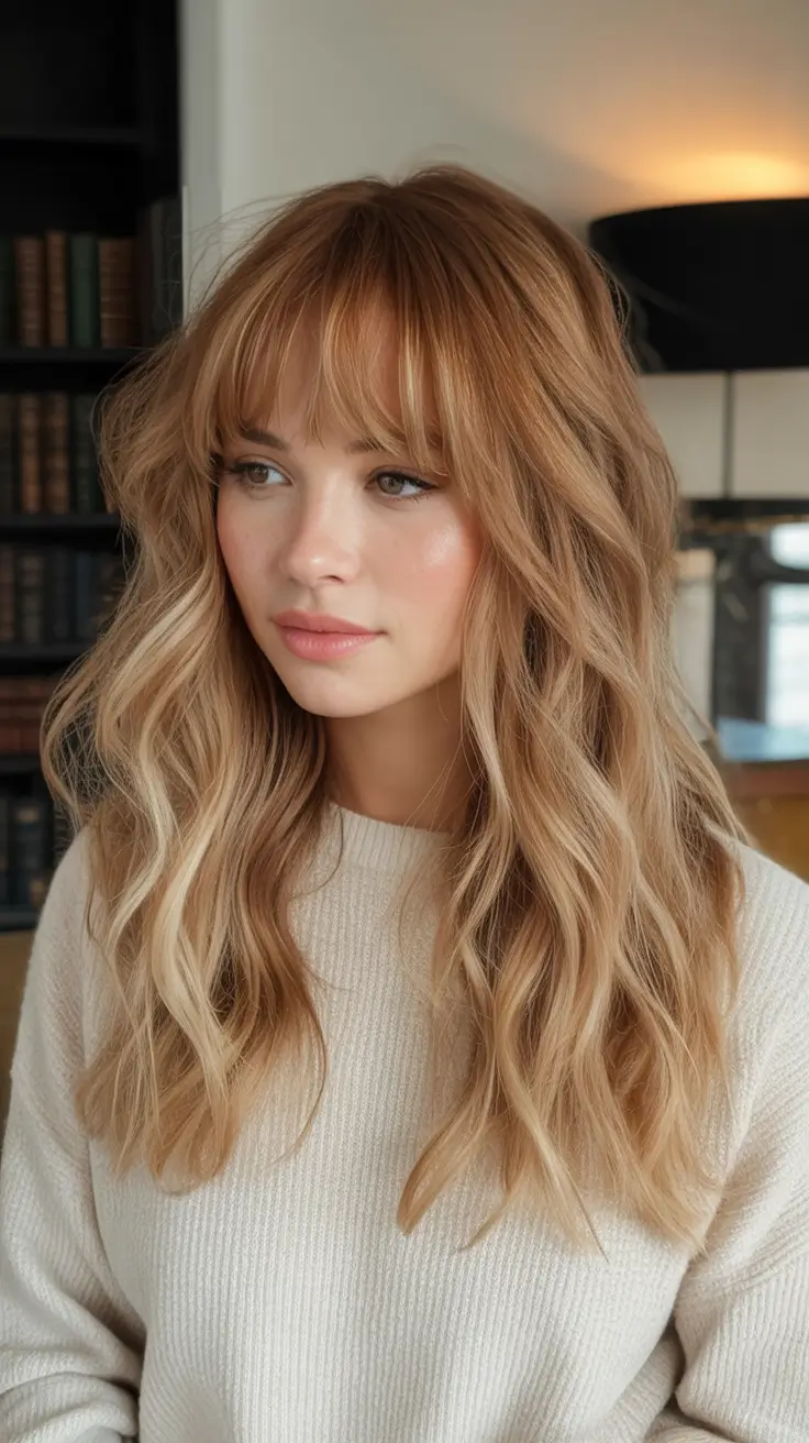 Blonde Hair Color Ideas for Fall 2025 Caramel Bronde with Curtain Fringe