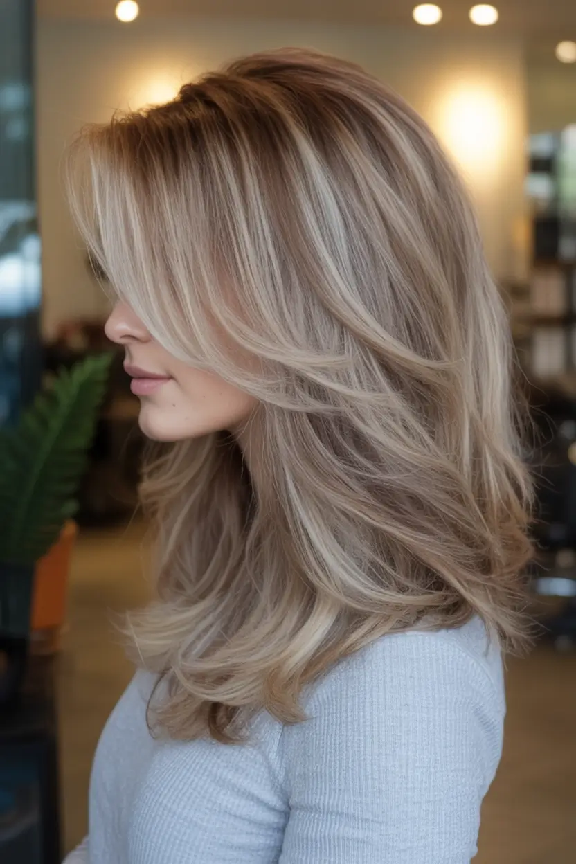 Blonde Hair Color Ideas for Fall 2025 Feathered Caramel Blonde Blowout