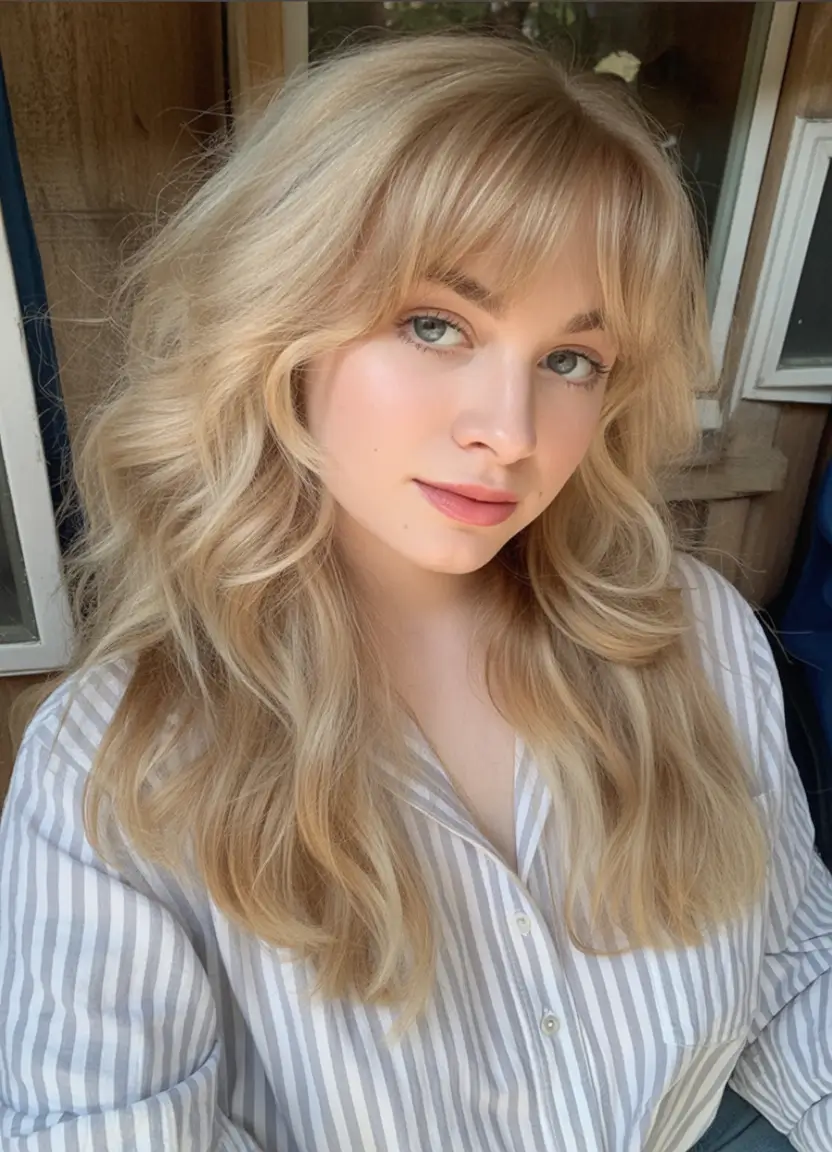 Blonde Hair Color Ideas for Fall 2025 Buttery Waves with Rounded Bangs