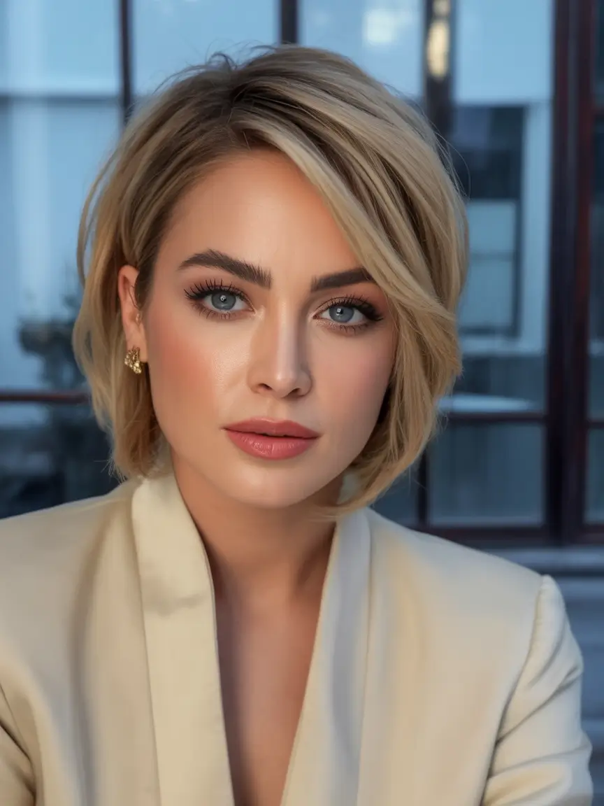 Blonde Hair Color Ideas for Fall 2025 Golden Wheat Bob with Side-Swept Volume