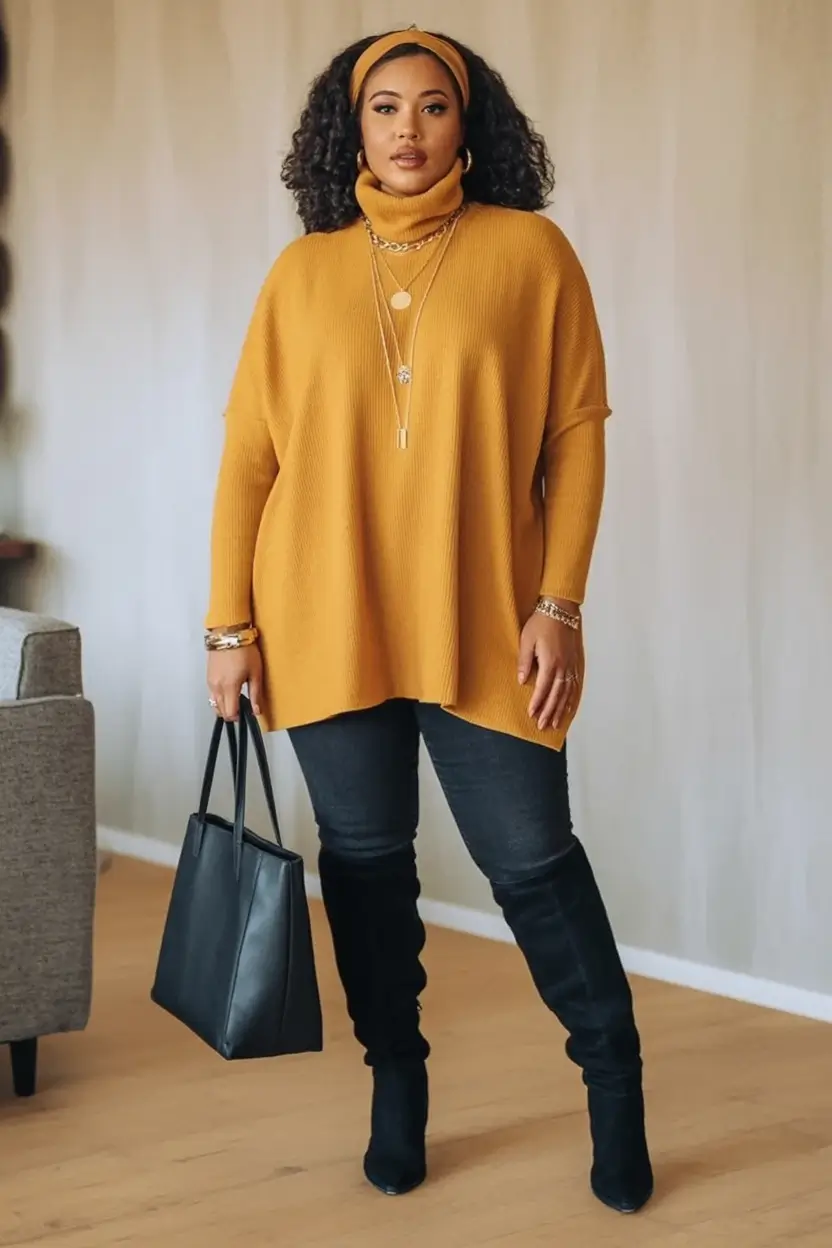 Chic & Cozy Fall 2025 outfits for Plus Size Women Golden Mustard and Tall Boots Mood