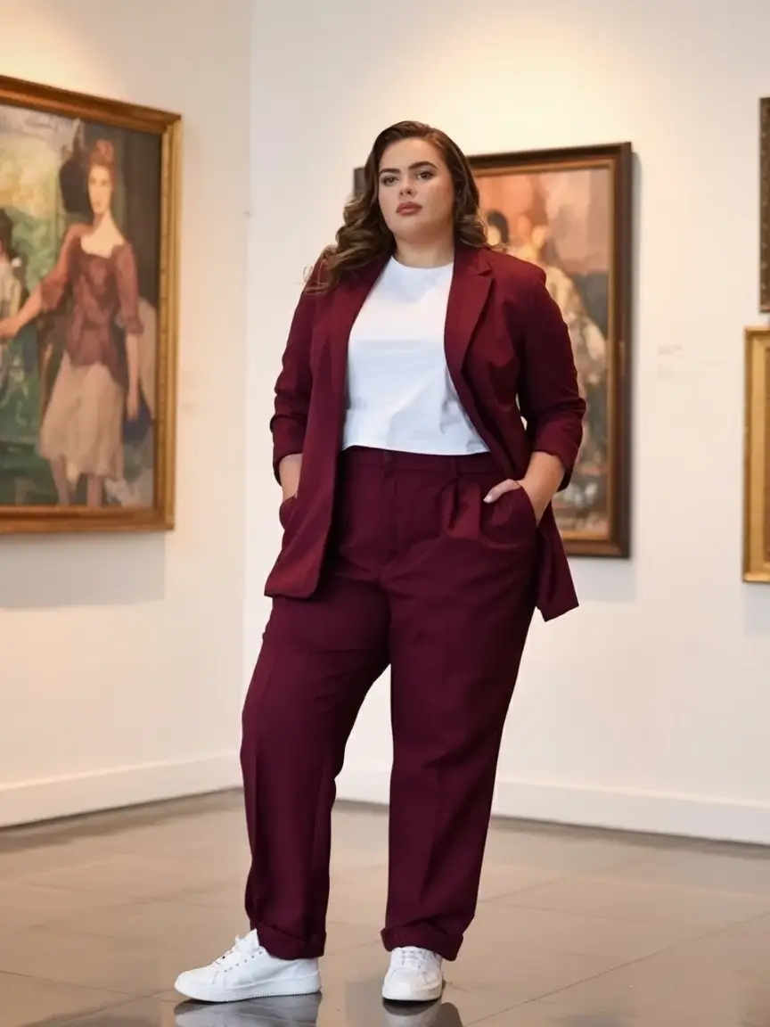 Chic & Cozy Fall 2025 outfits for Plus Size Women Maroon Suit with a Streetwear Twist