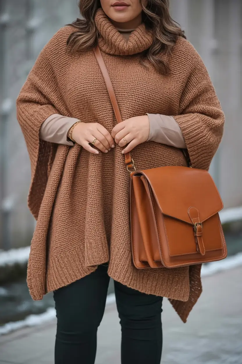 Chic & Cozy Fall 2025 outfits for Plus Size Women Cozy Knit Cape and Everyday Accessories