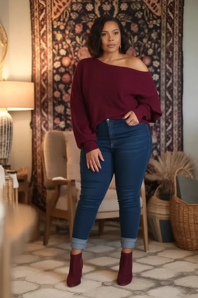 Chic & Cozy Fall 2025 outfits for Plus Size Women Off-the-Shoulder Wine Red Comfort