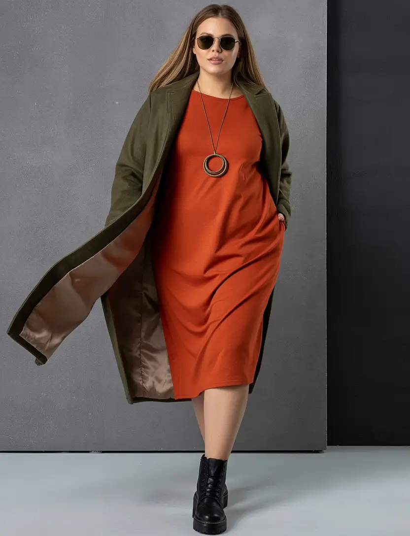 Chic & Cozy Fall 2025 outfits for Plus Size Women Burnt Orange and Olive Power Dress