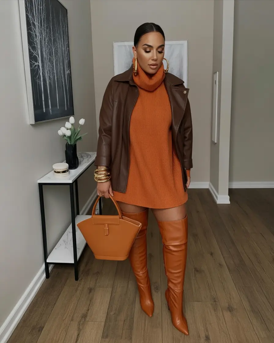 Chic & Cozy Fall 2025 outfits for Plus Size Women All-Terracotta Elegance with Leather Layers