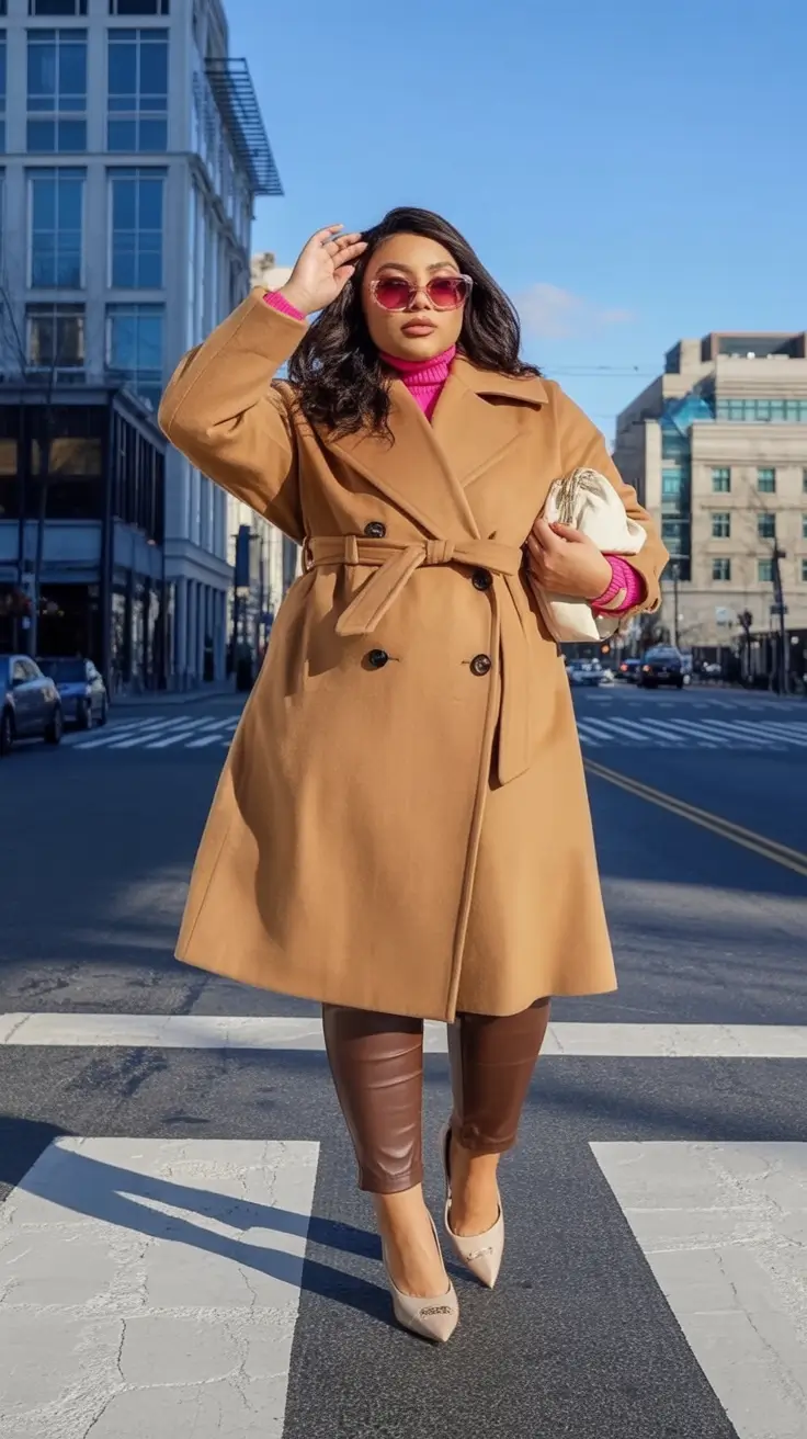 Chic & Cozy Fall 2025 outfits for Plus Size Women City Sleek in Camel and Leather