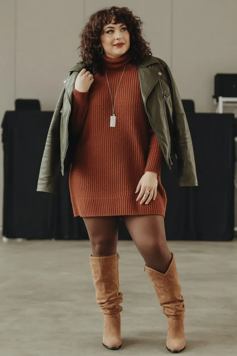 Chic & Cozy Fall 2025 outfits for Plus Size Women Knit Dress with Earthy Leather Charm