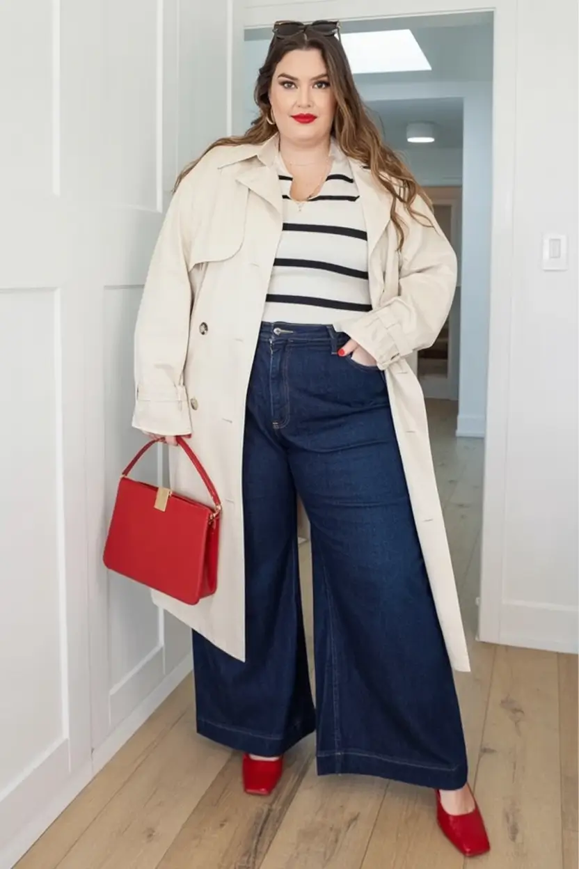 Chic & Cozy Fall 2025 outfits for Plus Size Women Parisian Stripes with Pops of Red