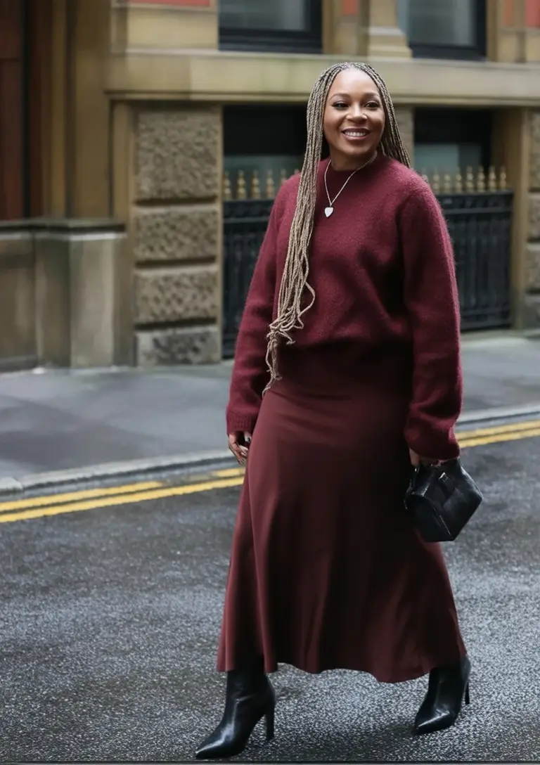 Chic & Cozy Fall 2025 outfits for Plus Size Women All-Wine Everything with a Feminine Twist