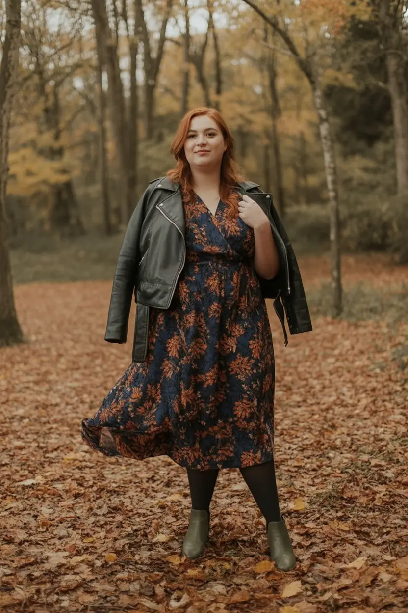 Chic & Cozy Fall 2025 outfits for Plus Size Women Dark Florals and Leather for a Fall Stroll