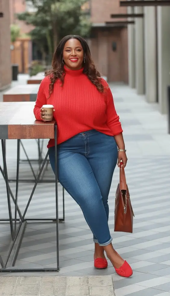 Chic & Cozy Fall 2025 outfits for Plus Size Women Bold Red with Denim and Confidence