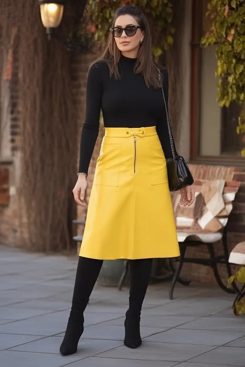 Cozy & Chic Fall outfits Ideas to Try in 2025 Sunburst Chic with a Yellow Skirt