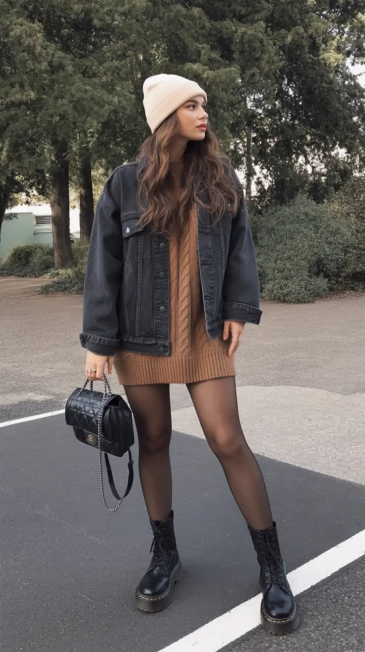 Cozy & Chic Fall outfits Ideas to Try in 2025 Coffee-Toned Knit with Denim Edge