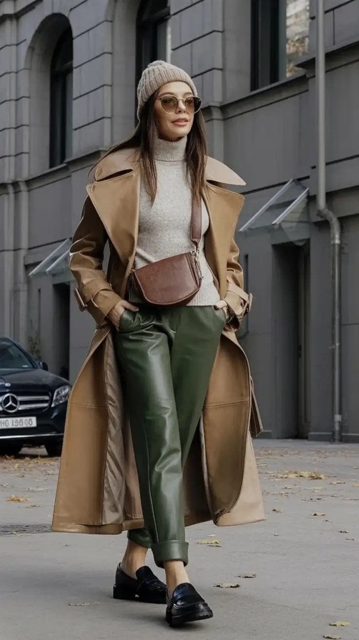 Cozy & Chic Fall outfits Ideas to Try in 2025 Olive Leather with Camel Layers