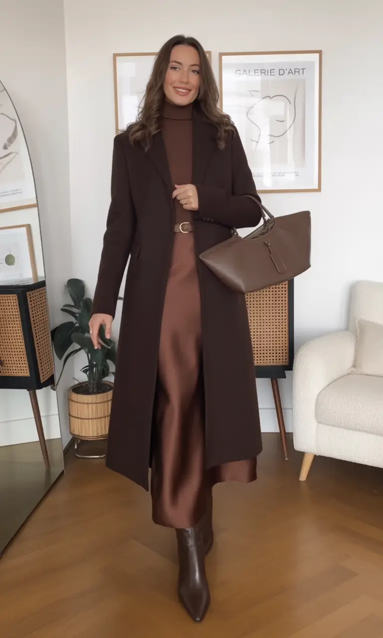 Fall 2025 Fashion Inspiration for Stylish Women Chocolate Layers with Satin Shine