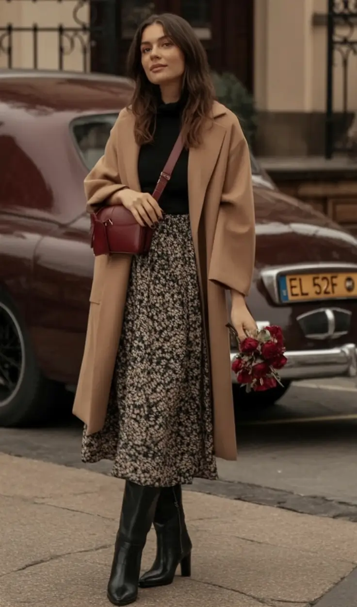 Fall 2025 Fashion Inspiration for Stylish Women Floral Skirt Meets Autumn Luxe