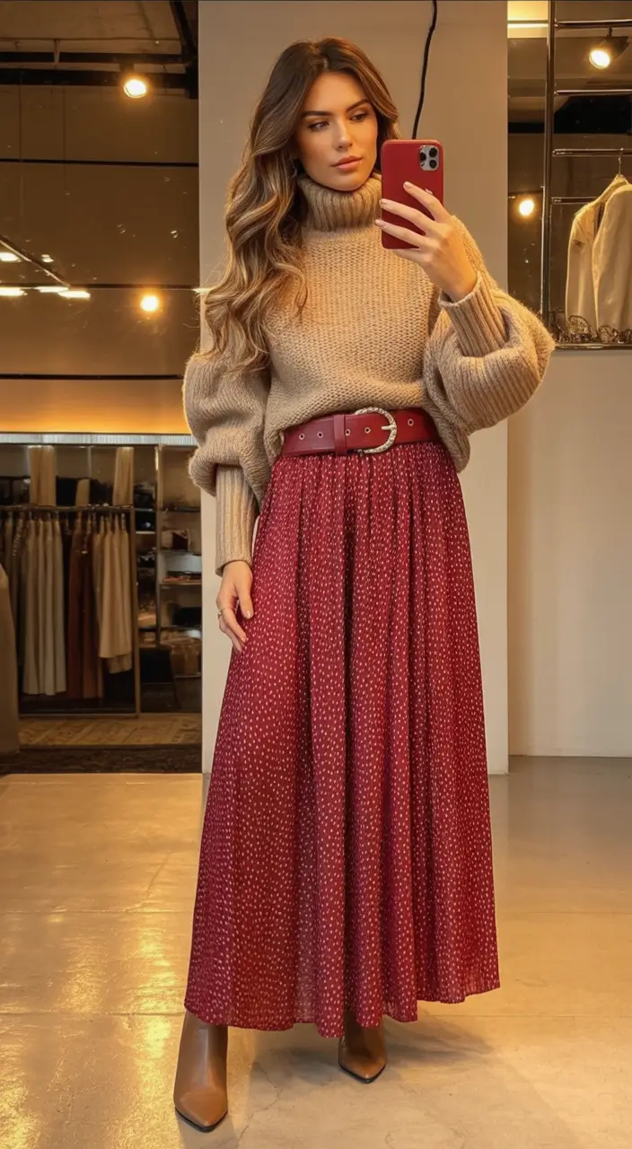 Fall 2025 looks: tremdy outfits with skirts Cozy Knit and Berry Maxi