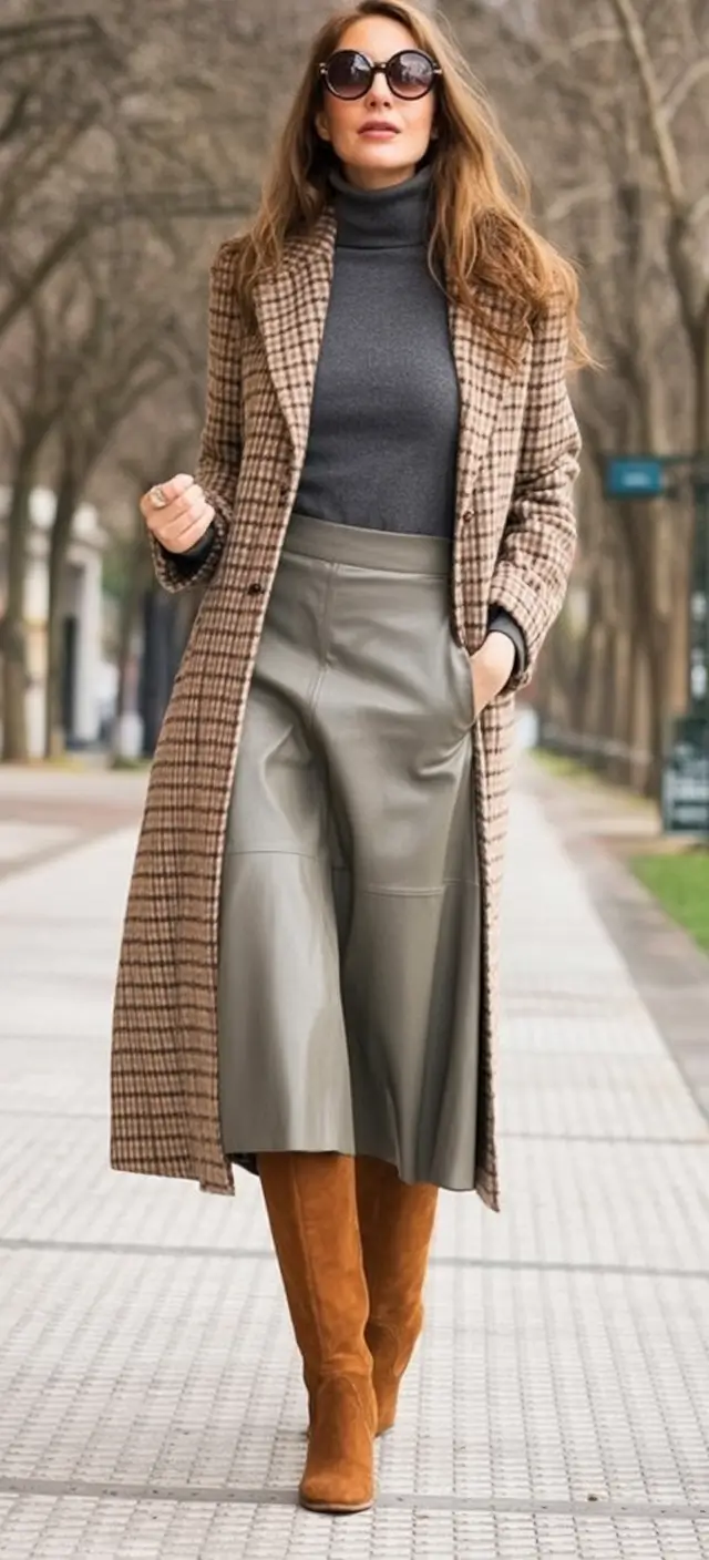 Fall 2025 looks: tremdy outfits with skirts Tailored Elegance with Leather and Plaid