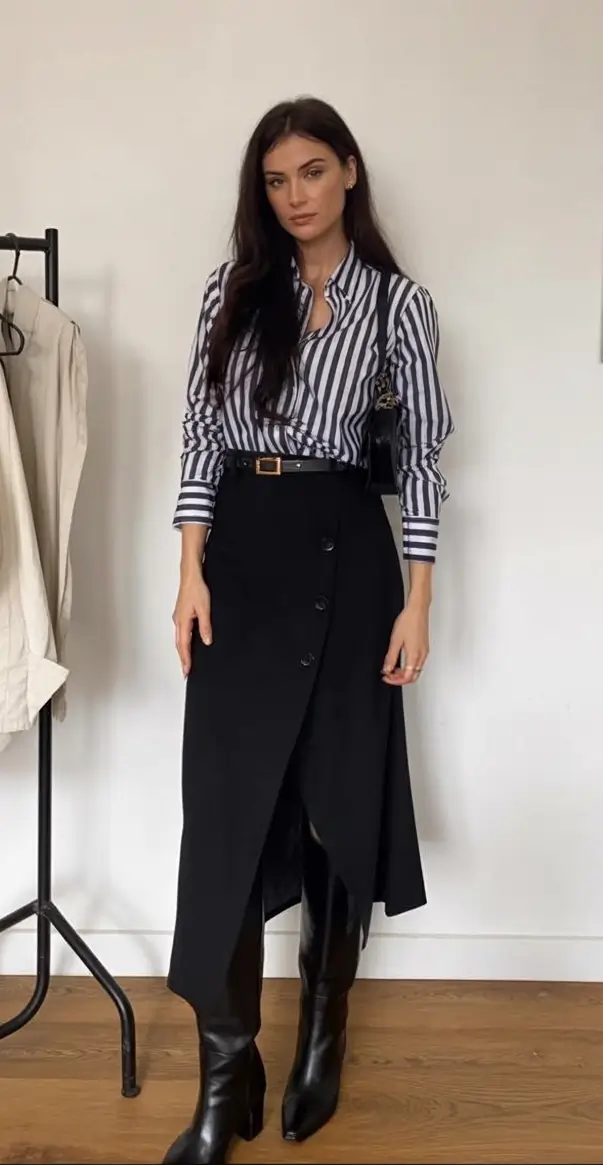 Fall 2025 looks: tremdy outfits with skirts Graphic Lines Meet Sculptural Skirt