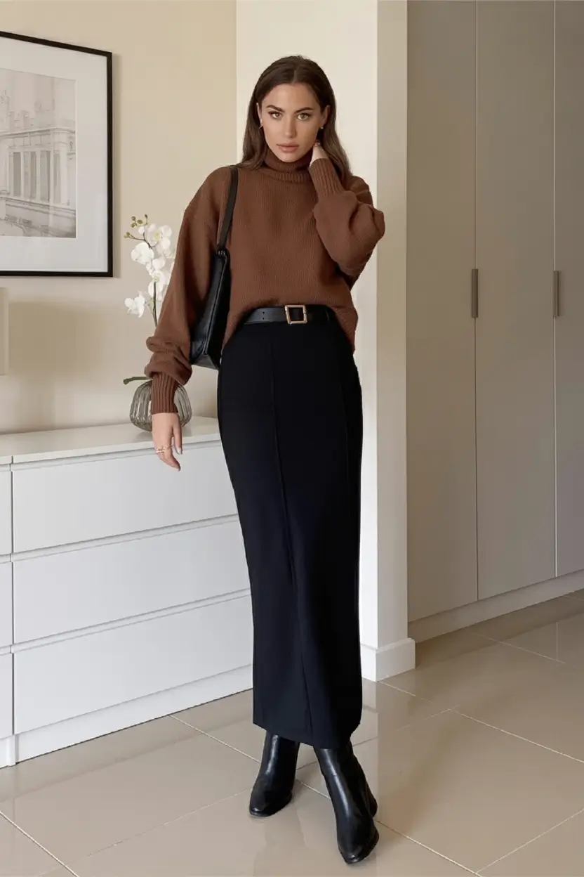 Fall 2025 looks: tremdy outfits with skirts Coffee Knit and Midnight Pencil