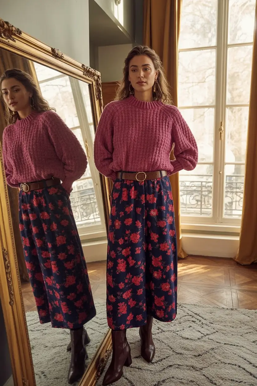 Fall 2025 looks: tremdy outfits with skirts Rosy Sweater and Vintage Floral Drama