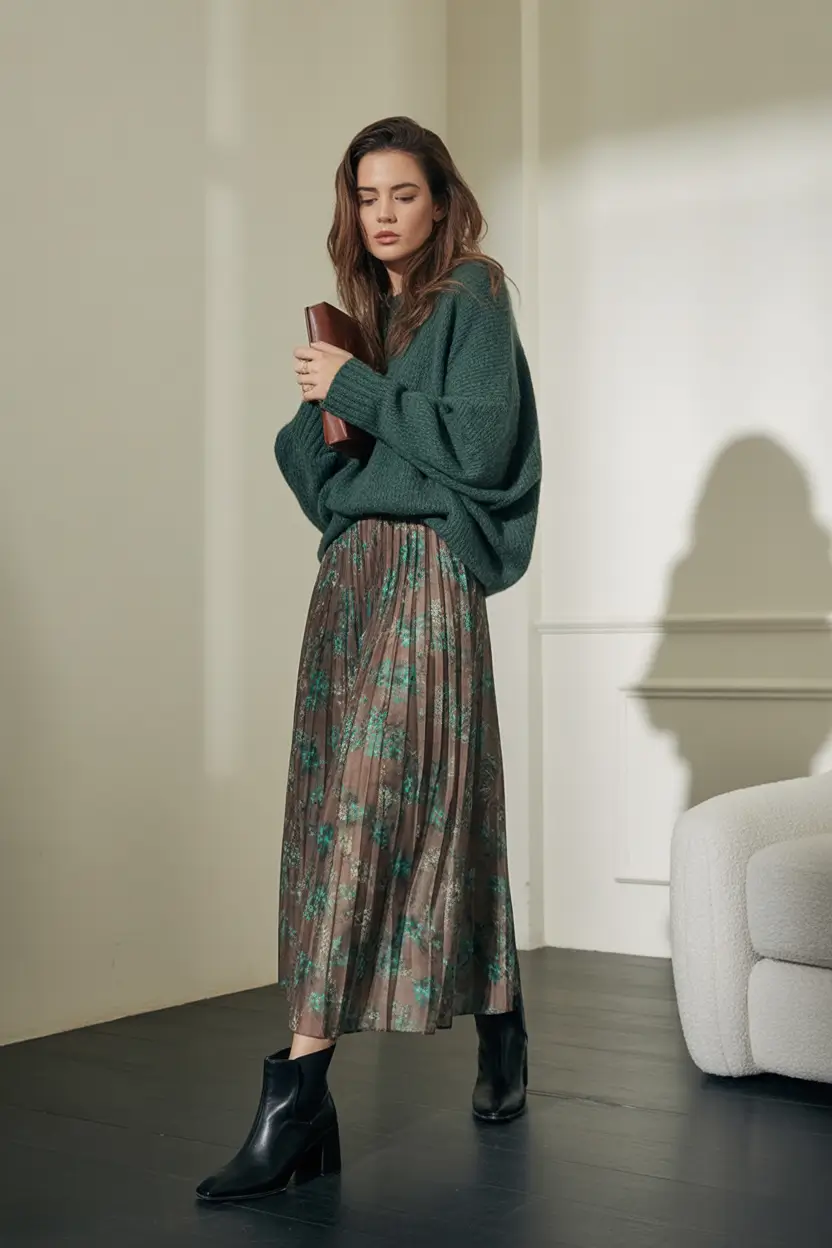 Fall 2025 looks: tremdy outfits with skirts Forest Green and Bronze Pleats