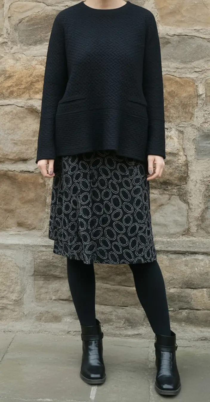 Fall 2025 looks: tremdy outfits with skirts Textured Black and Subtle Geometry