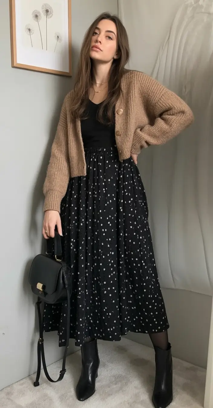 Fall 2025 looks: tremdy outfits with skirts Soft Dots and Toasted Cardigan Layers