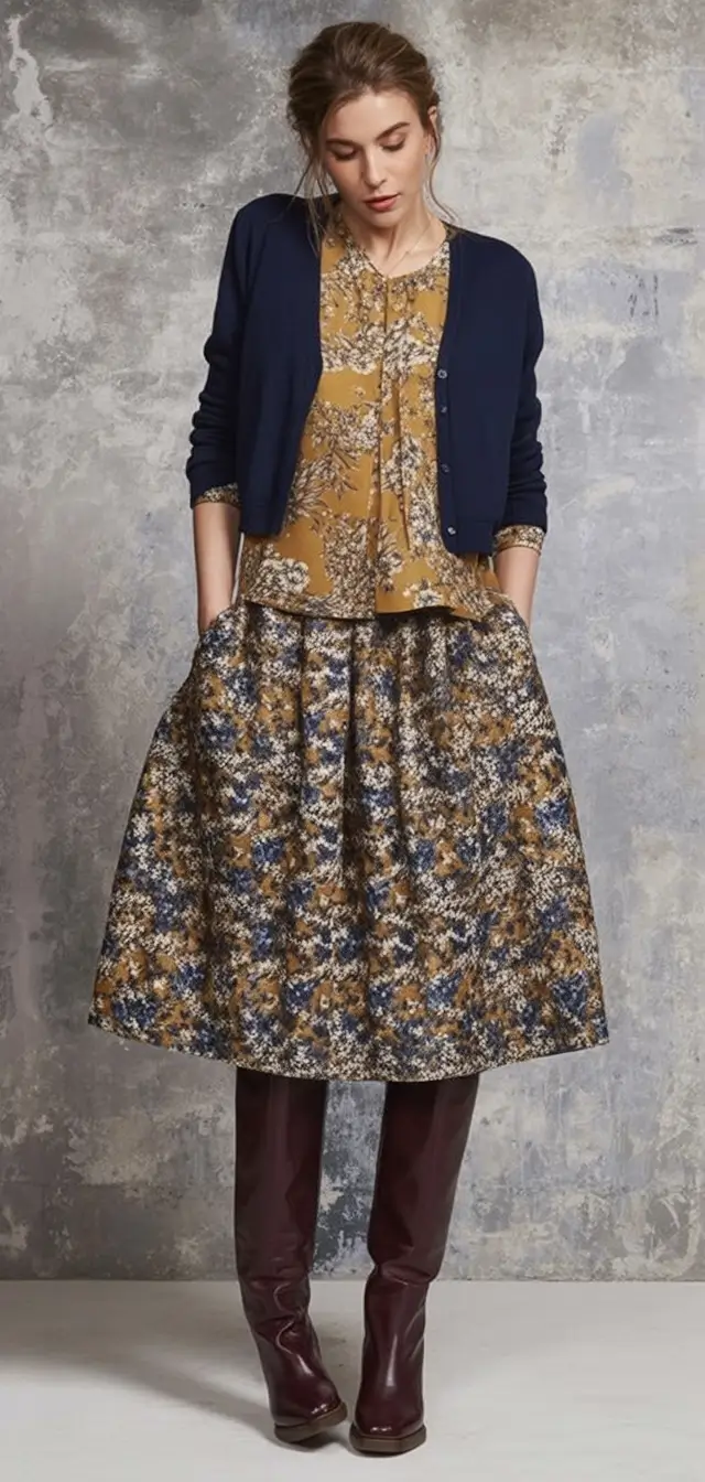 Fall 2025 looks: tremdy outfits with skirts Modern Vintage in Rust and Navy